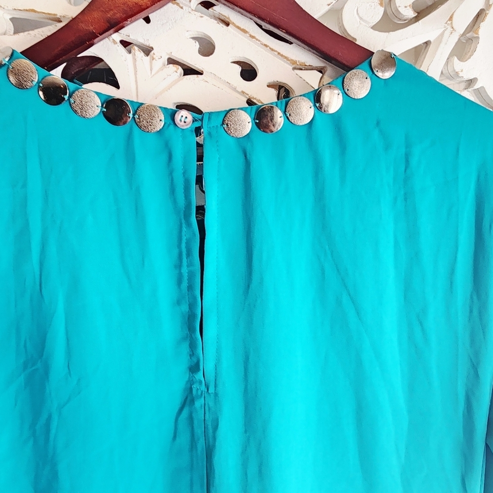 KOMMAL SOOD TEAL MAXI DRESS LONG SLEEVE NECK DETAIL SIZE MEDIUM - Picture 13 of 15
